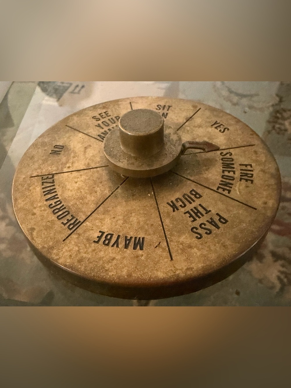 Executive Decision Maker Vintage Swiss Colony 1980s Brass Spinning Arrow, Desk
